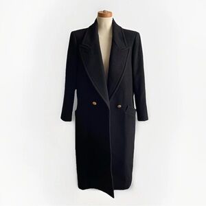 Vintage 80s Pavilion Long Wool Coat Black Gold Buttons Double Breast ILGWU 14 P